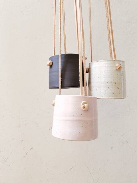 Set Of 3 Hanging Planters With Brown Leather Straps, Pottery Planters, Ceramic Planter, Flower Plant Pot, Indoor Garden Ceramics - image 1