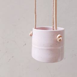 Set Of 3 Hanging Planters With Brown Leather Straps, Pottery Planters, Ceramic Planter, Flower Plant Pot, Indoor Garden Ceramics - thumbnail 3
