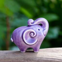 Purple Porcelain Elephant Figurine, Trunk Up, Good Luck Gift - thumbnail 3