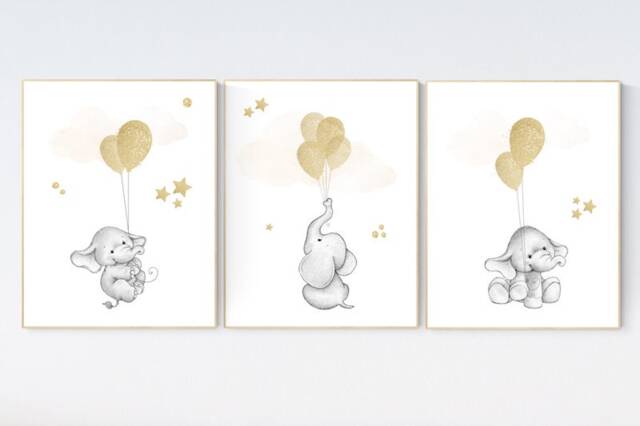 Elephant Balloon Print Gold Nursery Wall Art, Gender Neutral Decor - image 1