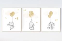 Elephant Balloon Print Gold Nursery Wall Art, Gender Neutral Decor - thumbnail 1