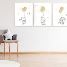 Elephant Balloon Print Gold Nursery Wall Art, Gender Neutral Decor - thumbnail 2