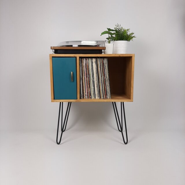Oak Record Cabinet - Blue Door, Scandi Hairpin Leg Media Unit - image 1