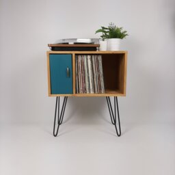 Oak Record Cabinet - Blue Door, Scandi Hairpin Leg Media Unit - thumbnail 1