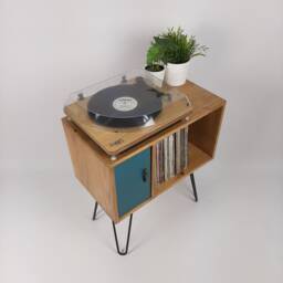 Oak Record Cabinet - Blue Door, Scandi Hairpin Leg Media Unit - thumbnail 2