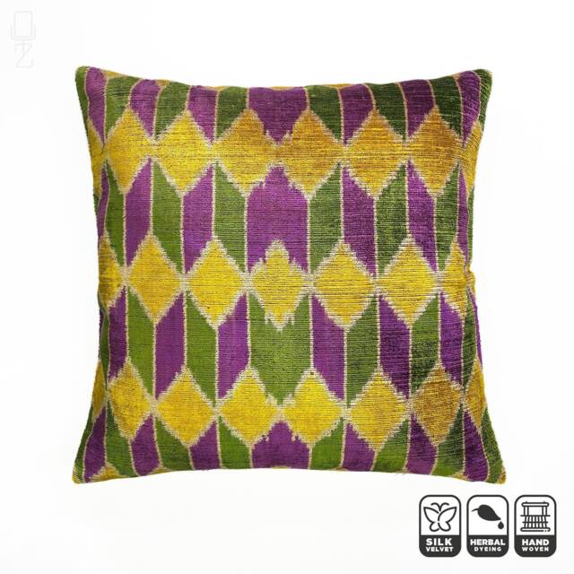 Handwoven Silk Velvet Pillow Cover, Striped Ikat Cotton Back - 20x20 - image 1