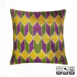 Handwoven Silk Velvet Pillow Cover, Striped Ikat Cotton Back - 20x20 - thumbnail 1