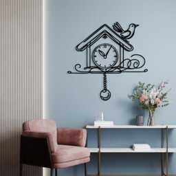 Cuckoo Clock Metal Wall Art, Laser Cut Birdhouse Silhouette, Modern Home D??cor - thumbnail 2