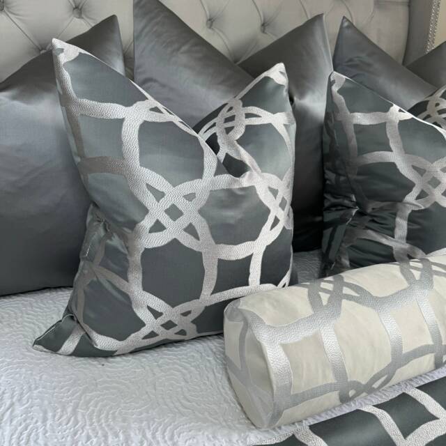 Fascino Pewter Luxury Cushion Cover, Grey - Silver Pillow Throw -Designer Clarke & Fabric -Geometric Worldwide Shipping - image 1