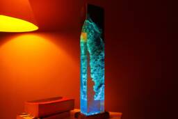 Horizon Rgb Epoxy Resin Lamp, Tall Oak Wood Pillar, Color Changing Statement Light