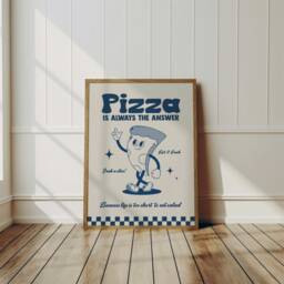 Retro Cartoon Pizza Print, Charming Style Gift For Foodie, Lover Food Kitchen Wall Art 2330 - thumbnail 1