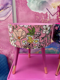 Pink Round Side Table With Floral Design. Fun Bright Decor, Quirky Bedside Table. Boho Decor. Flower Wooden Nightstand
