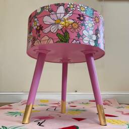Pink Round Side Table With Floral Design. Fun Bright Decor, Quirky Bedside Table. Boho Decor. Flower Wooden Nightstand - thumbnail 4