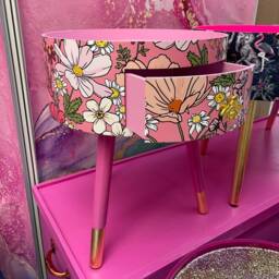 Pink Round Side Table With Floral Design. Fun Bright Decor, Quirky Bedside Table. Boho Decor. Flower Wooden Nightstand - thumbnail 2