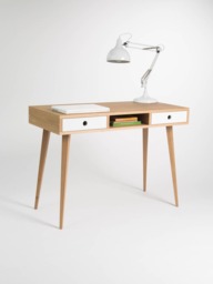 Oak Wood Desk With White Drawers - Scandinavian Mid-Century Modern Design - thumbnail 1