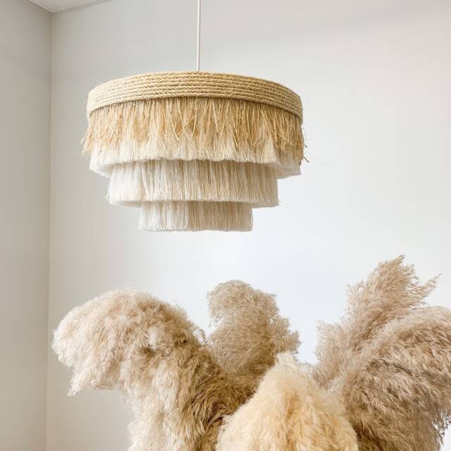 Boho Chandelier Light Fixture, Fringe Pendant Ceiling Light, Natural Cotton Fiber Sisal Grass Shade, Coastal Lighting, Beachy Home Decor - image 1