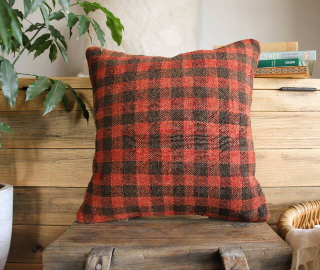 40cm - 16Inch Vintage Kilim Cushion Cover Handwoven - Village Check Orangy Red & Brown - image 1