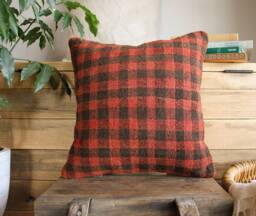 40cm - 16Inch Vintage Kilim Cushion Cover Handwoven - Village Check Orangy Red & Brown - thumbnail 1