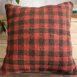 40cm - 16Inch Vintage Kilim Cushion Cover Handwoven - Village Check Orangy Red & Brown - thumbnail 2
