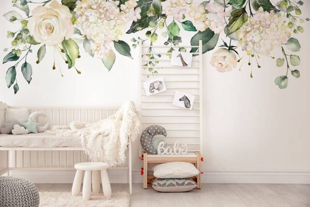 Watercolor White Floral Wall Decal - Soft Bouquet Mural Nursery Flowers Art Print - image 1