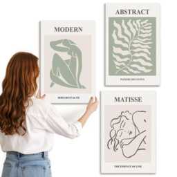 Canvas Set Of 3 - Stylish Paintings in Shades Green With Figures & Leaves, Wall Art Canvas, Artwork Decor