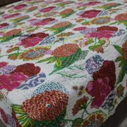 Handmade Tropical Print Kantha Quilt Lightweight Cotton Bedspread - thumbnail 2