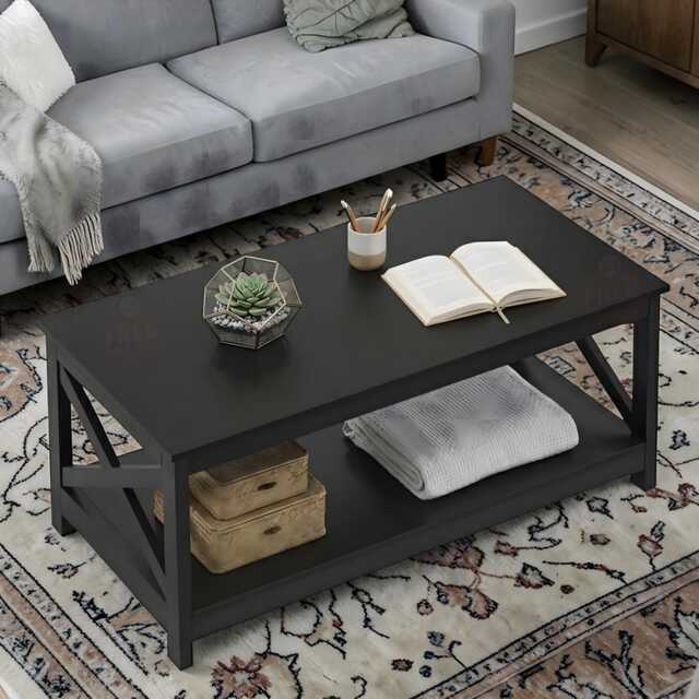 Modern Wooden Coffee Table With Storage Shelf Rustic Black Living Room Side - image 1