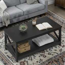 Modern Wooden Coffee Table With Storage Shelf Rustic Black Living Room Side