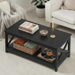 Modern Wooden Coffee Table With Storage Shelf Rustic Black Living Room Side - thumbnail 3