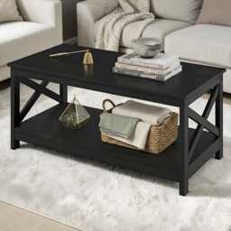 Modern Wooden Coffee Table With Storage Shelf Rustic Black Living Room Side - thumbnail 2