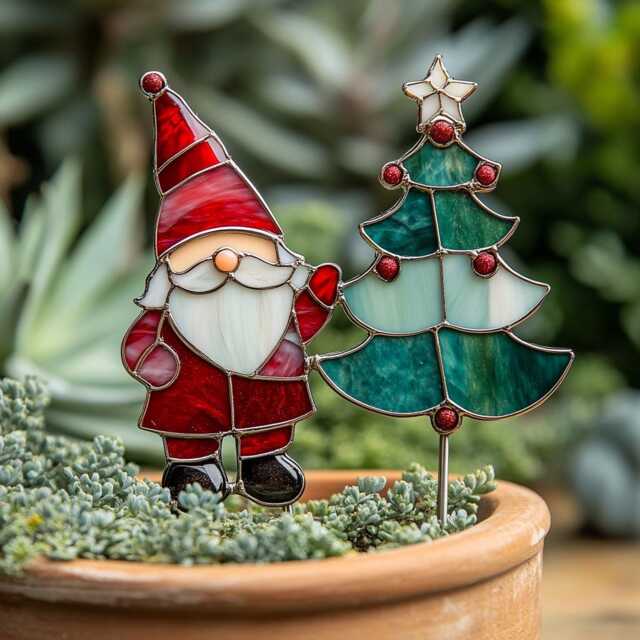Real Stained Glass Gnome Plant Pick - Christmas Tree Garden Decor Gift For Lovers For Mom - image 1