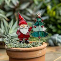 Real Stained Glass Gnome Plant Pick - Christmas Tree Garden Decor Gift For Lovers For Mom - thumbnail 3
