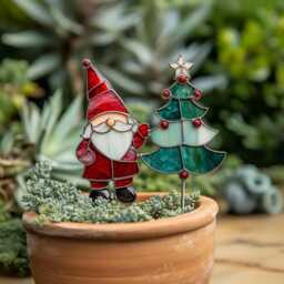 Real Stained Glass Gnome Plant Pick - Christmas Tree Garden Decor Gift For Lovers For Mom - thumbnail 2