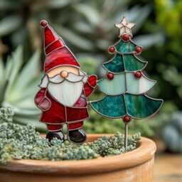 Real Stained Glass Gnome Plant Pick - Christmas Tree Garden Decor Gift For Lovers For Mom - thumbnail 1