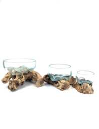 Set Of 3 Recycled Glass & Teak Root Vases Bundle - Handmade Molten Art Decor Unique Eco Friendly Home Gift Table Garden Decoration