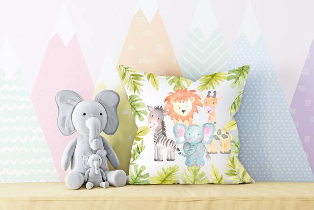 Jungle Animals Nursery Cushion , Safari Baby Decor Theme Elephant Giraffe Zebra Lion - image 1