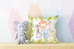 Jungle Animals Nursery Cushion , Safari Baby Decor Theme Elephant Giraffe Zebra Lion - thumbnail 1