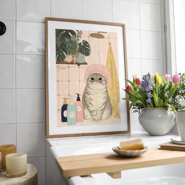 Shower Cat Art Print - Funny Bathroom Wall Quirky Tabby Decor Lover Gift