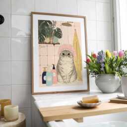 Shower Cat Art Print - Funny Bathroom Wall Quirky Tabby Decor Lover Gift - thumbnail 1