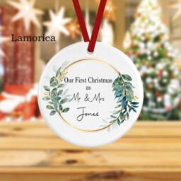 Personalised First Christmas As Mr & Mrs Bauble, Custom Engaged Creramic Ornament, Tree Decoration, Couple Gift - thumbnail 2