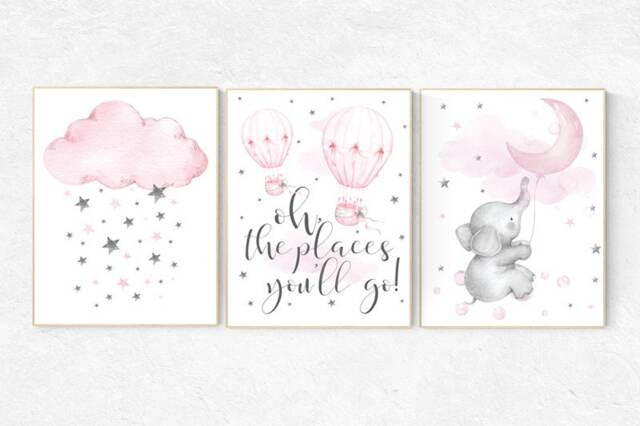 Elephant Nursery Prints Pink Hot Air Balloon, Cloud & Stars Wall Art - image 1