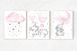 Elephant Nursery Prints Pink Hot Air Balloon, Cloud & Stars Wall Art - thumbnail 1