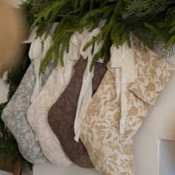 Handmade Linen Christmas Stocking, Cream Floral Block Print, Holiday Decor - thumbnail 4