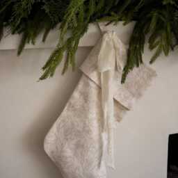 Handmade Linen Christmas Stocking, Cream Floral Block Print, Holiday Decor - thumbnail 2