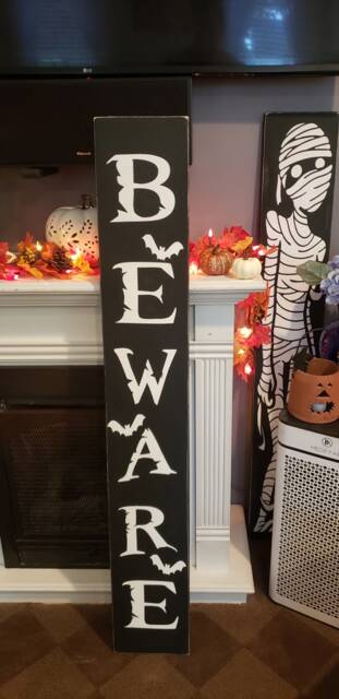 Beware Sign Halloween Distressed Wood Rustic Fall Entryway Porch Farmhouse Decor Wall Hanging Autumn Spooky Bats - image 1