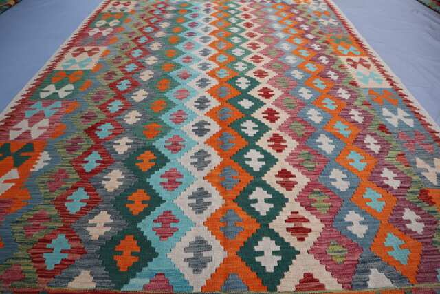7x9 Afghan Handmade Kilim Area Rug, Multicolor Authentic Hand Woven Pure Wool Flatweave Living Room Boho Carpet - image 1
