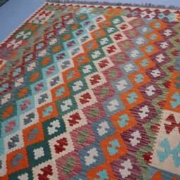 7x9 Afghan Handmade Kilim Area Rug, Multicolor Authentic Hand Woven Pure Wool Flatweave Living Room Boho Carpet - thumbnail 2