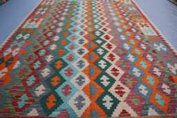 7x9 Afghan Handmade Kilim Area Rug, Multicolor Authentic Hand Woven Pure Wool Flatweave Living Room Boho Carpet - thumbnail 1