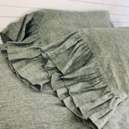 Chambray Olive Green Linen Bedspread, Ruffle Bed Cover, All Sizes Or Custom Size - thumbnail 2