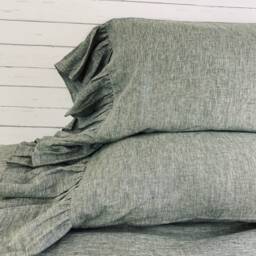 Chambray Olive Green Linen Bedspread, Ruffle Bed Cover, All Sizes Or Custom Size - thumbnail 3